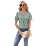 V-neck Hollow Design T-shirt Summer Loose Short-sleeved Top-Bean Green-8