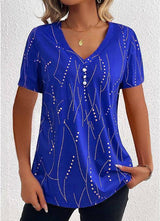 New V-neck Printed Button T-shirt Summer Fashion Leisure Short-sleeved Top Womens Clothing-Blue-4