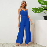 V-neck Suspender Pleated Jumpsuit Solid Color Loose Straight Pants Womens Clothing-3