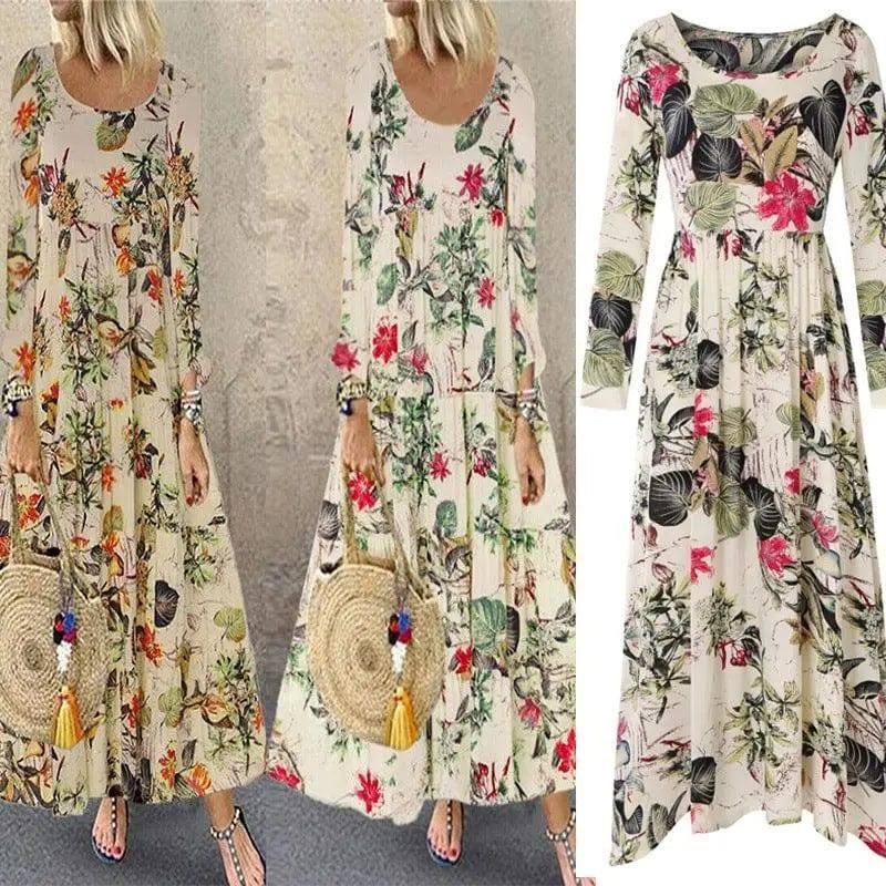 Vintage Floral Print Long Sleeve Crew Neck Dress-1