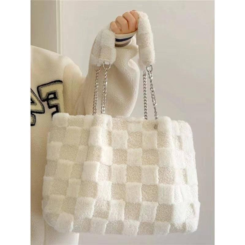 White Plush One Shoulder Bag Casual Tote Bag-White-1