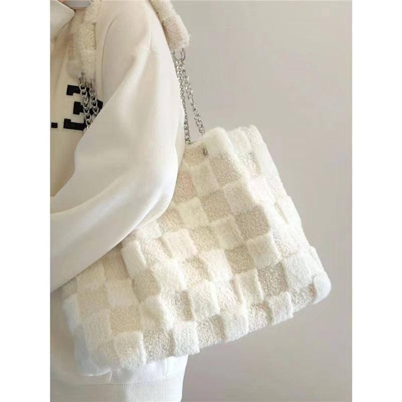 White Plush One Shoulder Bag Casual Tote Bag-5