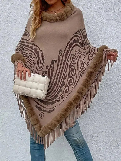 Winter Fur Collar And Fringed Shawl-Khaki-3