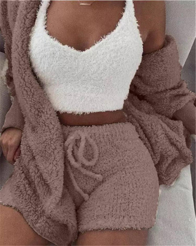 Winter Women Home Wear Suit Casual Pajamas Set Lady Female Soft Warm Long Sleeve Exposed Navel Vest Shorts Set-Medium sand-13