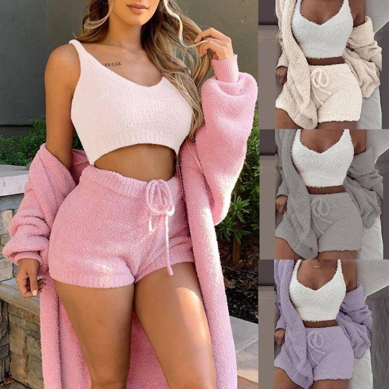 Winter Women Home Wear Suit Casual Pajamas Set Lady Female Soft Warm Long Sleeve Exposed Navel Vest Shorts Set-1