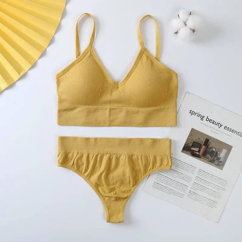 Women Bra Panties Set Push Up Sports Bra Set Sexy G-String-Yellow-9