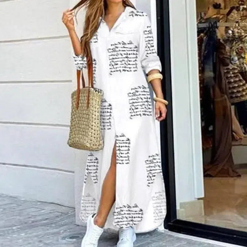 Women Long Sleeve Shirt Dress Printed-3