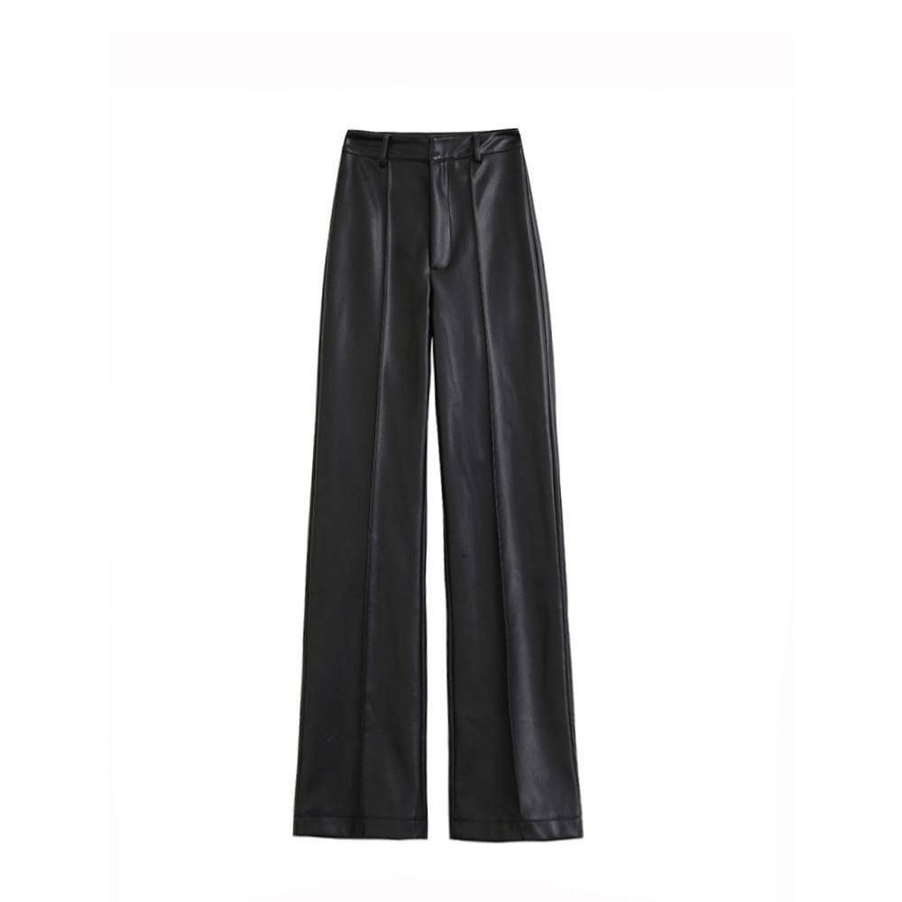 Women's Black Straight Waist Wide Leg Trawl Wild Cat Casual-Black-8