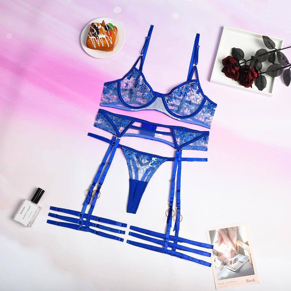 Women's Blue Embroidered Sexy Lingerie Set-Blue-7