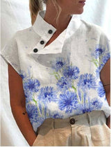 Women's Casual Stand Collar Short-sleeved Digital Printed-Flower Color 2-8