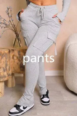 Women's Casual Tight Sportswear Multi-pocket Overalls With Coat And Cap Suit Pants-Gray trousers-14