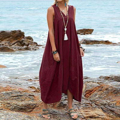 Women's Cotton And Linen V-neck Pocket Casual Dress-Wine Red-7