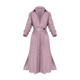 Women's Elegant Tied Solid Color Waisted Long-sleeved Shirt Dress-Pink-11