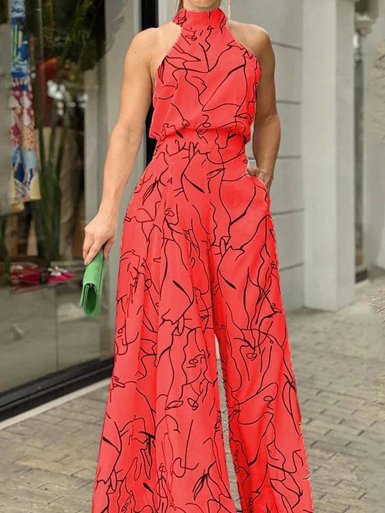 Women's Elegant Waist Halter Jumpsuit Casual Print Tie-Red-9