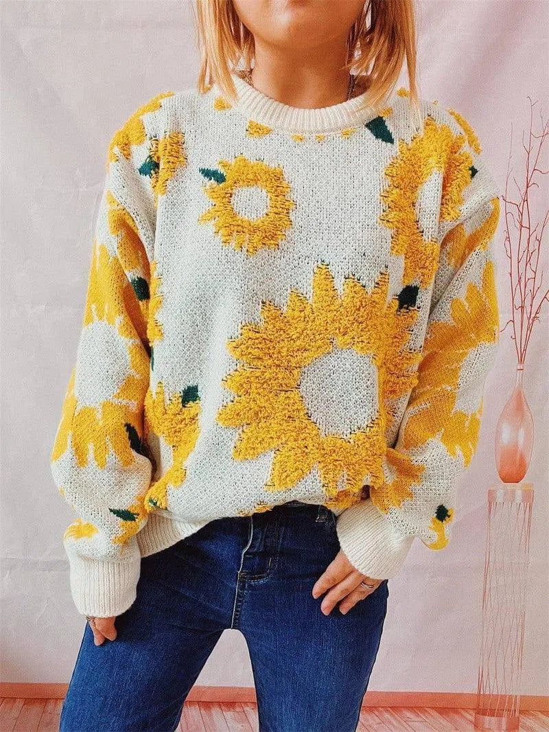 Women's Fashion Casual Sunflower Jacquard Round Neck Long-4