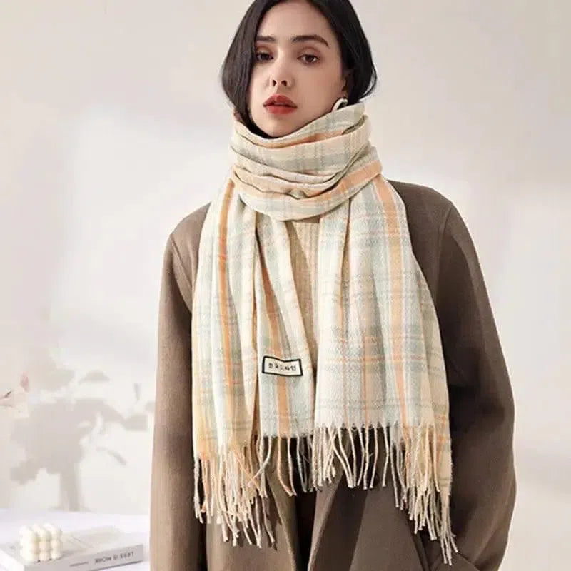 Women's Fashionable Plaid Printed Tassel Shawl Warm Scarf-1