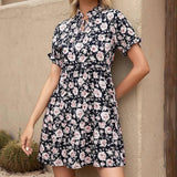 Women's Floral Print Fungus Trim Short Sleeve Dress-Black-1