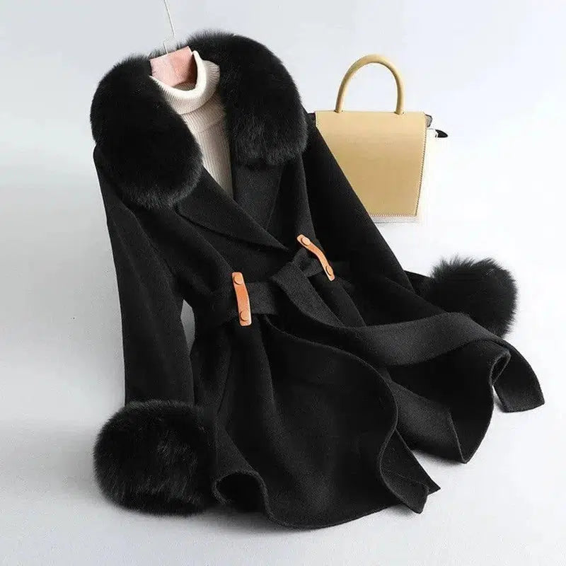 Women's Fox Fur Collar High Rui Double-sided Cashmere Coat-Black-1