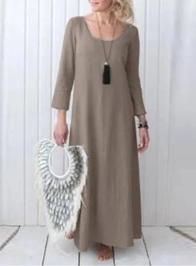 Women's Full-length Dress Cotton And Linen Dress-Khaki-5