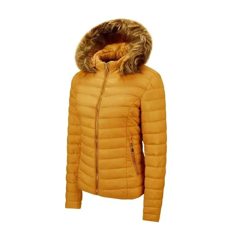 Women's fur collar cotton hooded jacket-Yellow-11