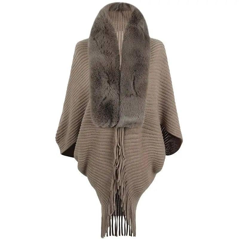 Women's Fur Collar Tassel Shawl Knitted-Coffee-5