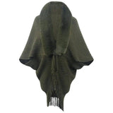 Women's Fur Collar Tassel Shawl Knitted-Green-7