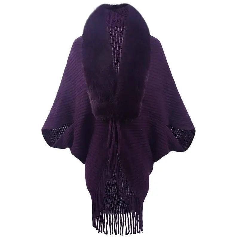 Women's Fur Collar Tassel Shawl Knitted-Purple-8