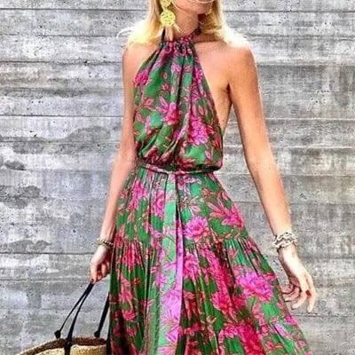 Women's Halter Neck Backless Print Panel Maxi Dress-Green-1