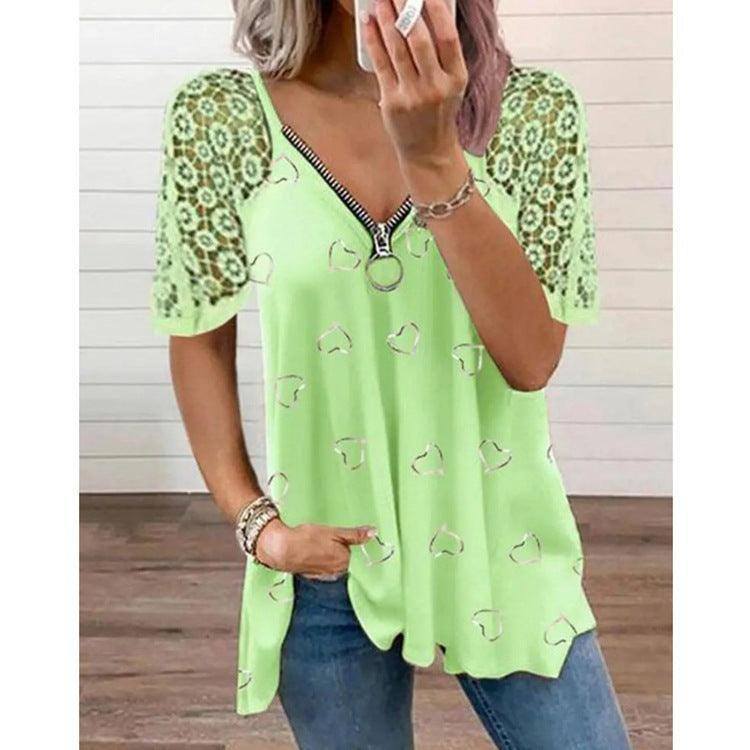 Women's Heart-shaped Pattern Lace Zipper Design T-shirt-3