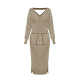 Women's Knitted Dress Slim V-neck-Khaki-3