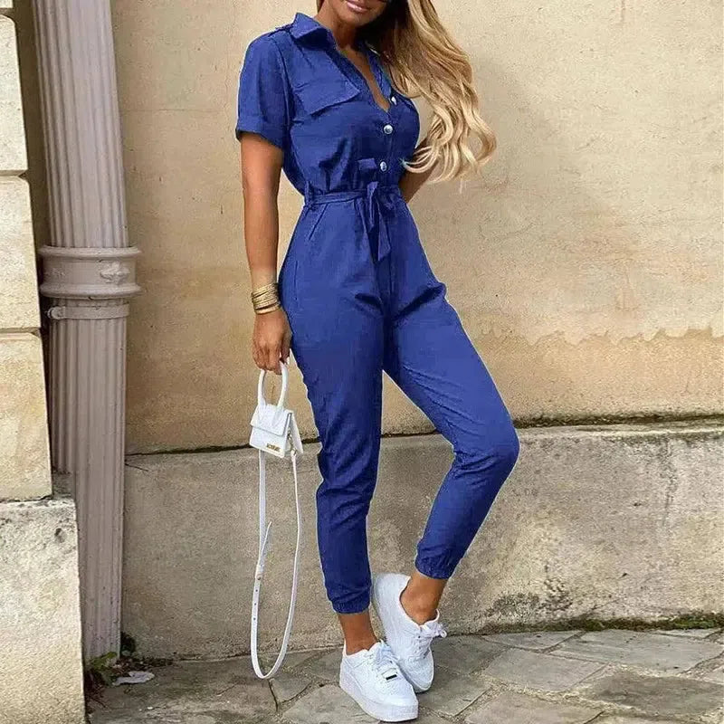 Women's Monochromatic Belt Workwear Jumpsuit, Casual Pants,-14