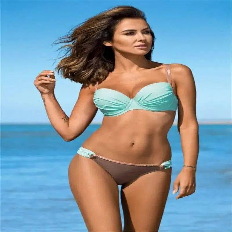 Women's Multicolor Gathered Large Size Bikini Split Swimsuit-LakeBlue-5