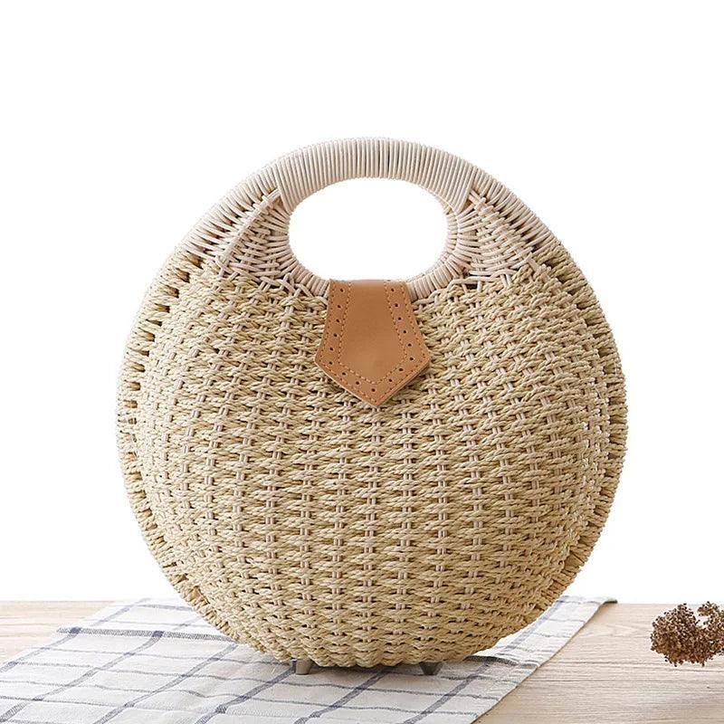 Women's Natural Rattan Handwoven Round Shell Handbag-Apricot-7