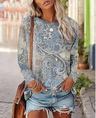 Women's Printed Long-sleeved Pullover Round Neck Top-Light Blue-6