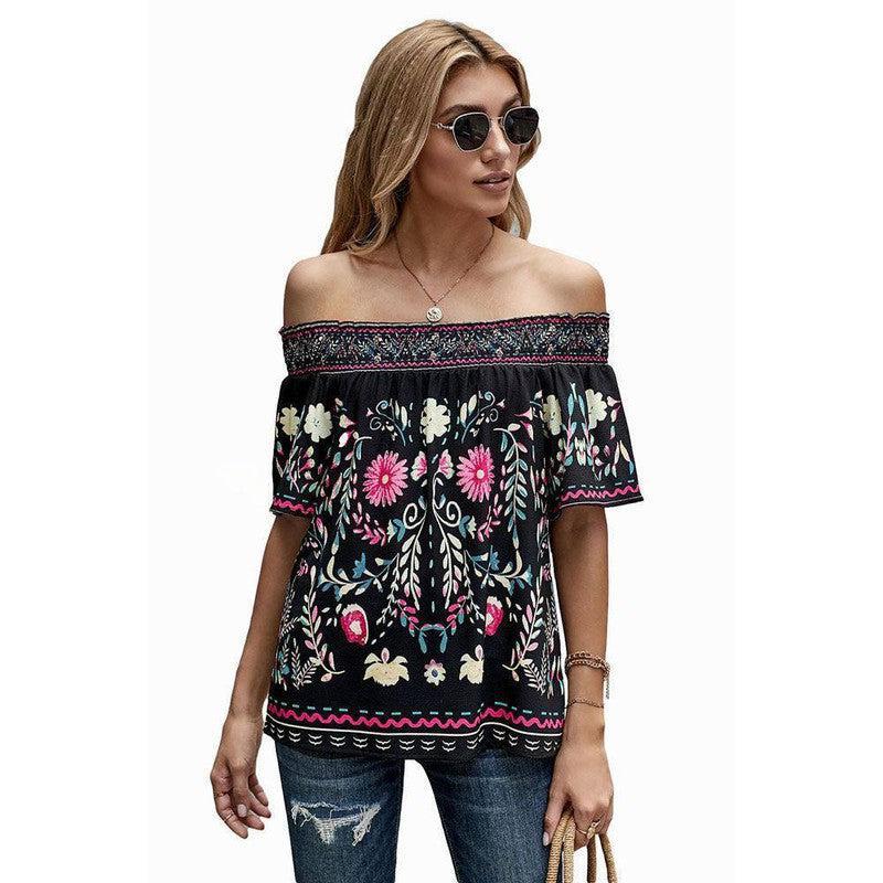 Women's Printed T-shirt Loose Off Shoulder Top-LC253506 Black-3