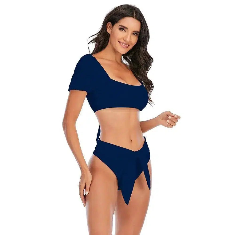 Women's Puff Sleeve Backless Bikini Split Swimsuit-DarkBlue-2