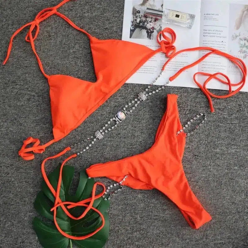 Women's Rhinestone Swimsuit Solid Color Metal Chain Swimsuit-3