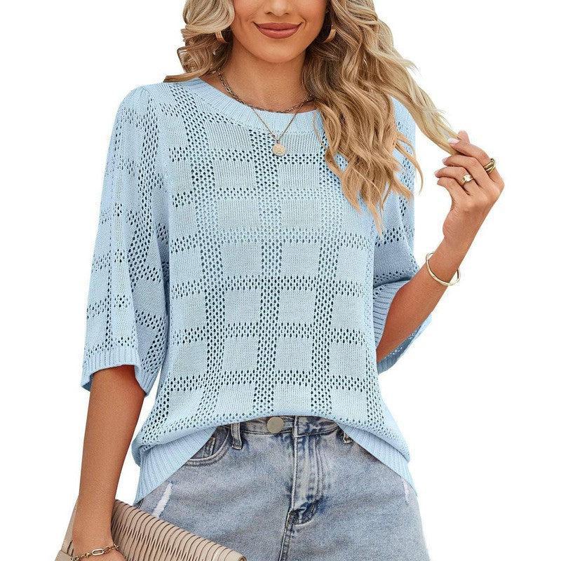 Women's Round Neck Hollowed Out Sun Protection Shirt Knitted-Light Blue-4