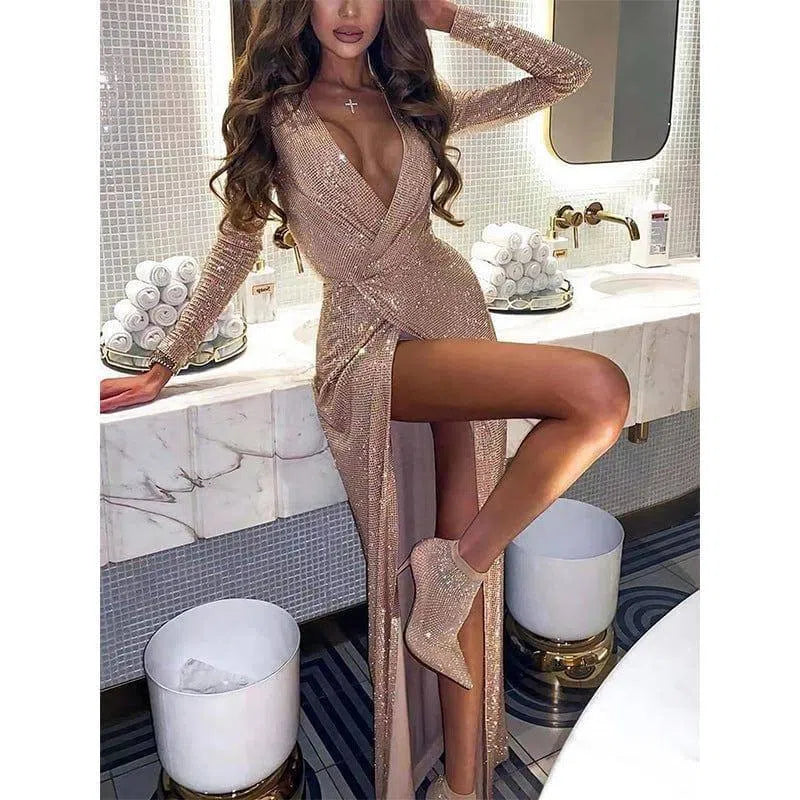 Women's Slim Evening Dress Long Sleeve Dress-Champagne gold-13