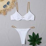 Women's Sexy Split Chain Solid Color Halter Strap Bikini-White-3