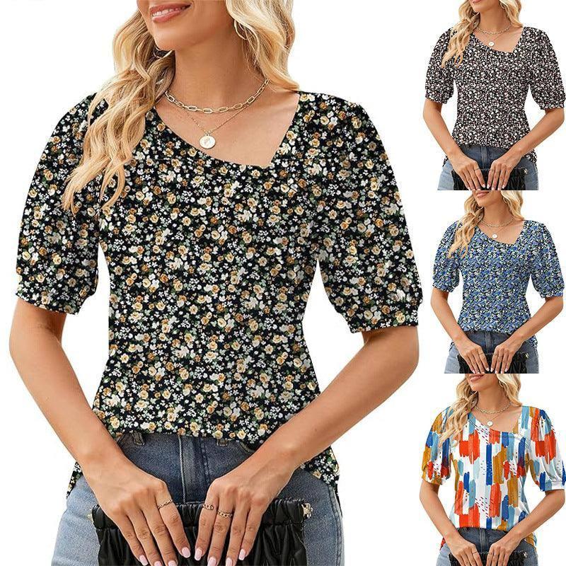 Women's Short Sleeve Irregular Puff Sleeve Loose Floral-2