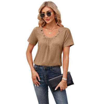 Women's Short-sleeved T-shirt Summer Button Square Collar Pleated Design Solid Color Loose T-shirt Womens Clothing-10