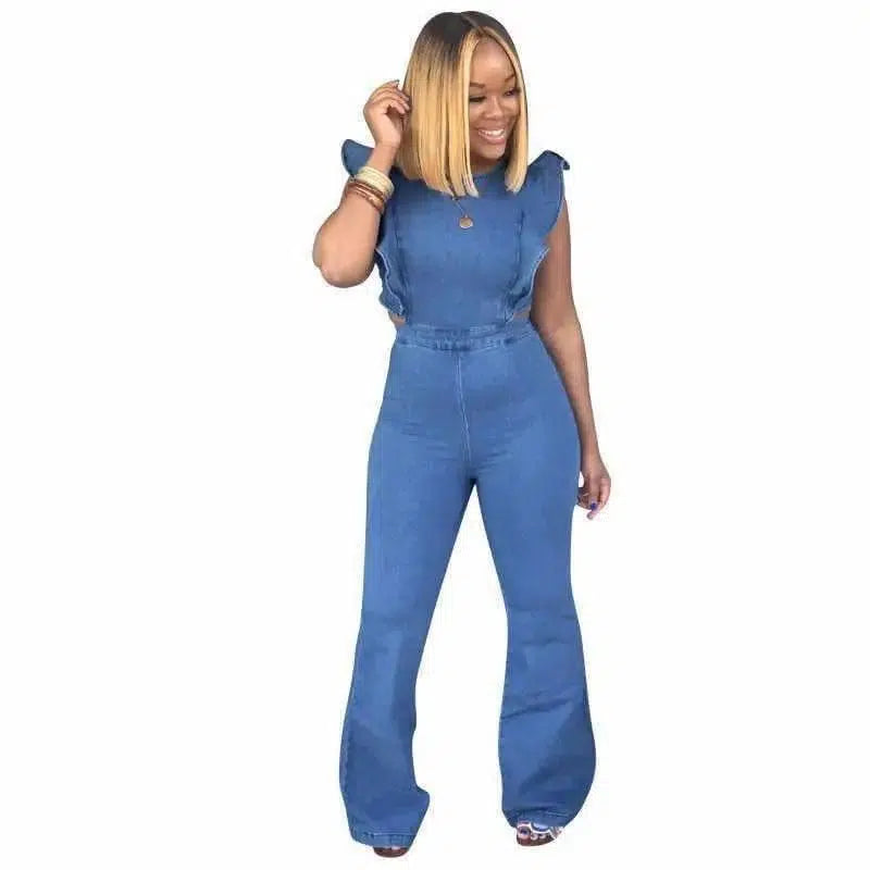 women's sling denim jumpsuit-Blue-10