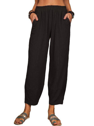 Women's Solid Color Loose Cotton And Linen Casual Pants Home-Black-8