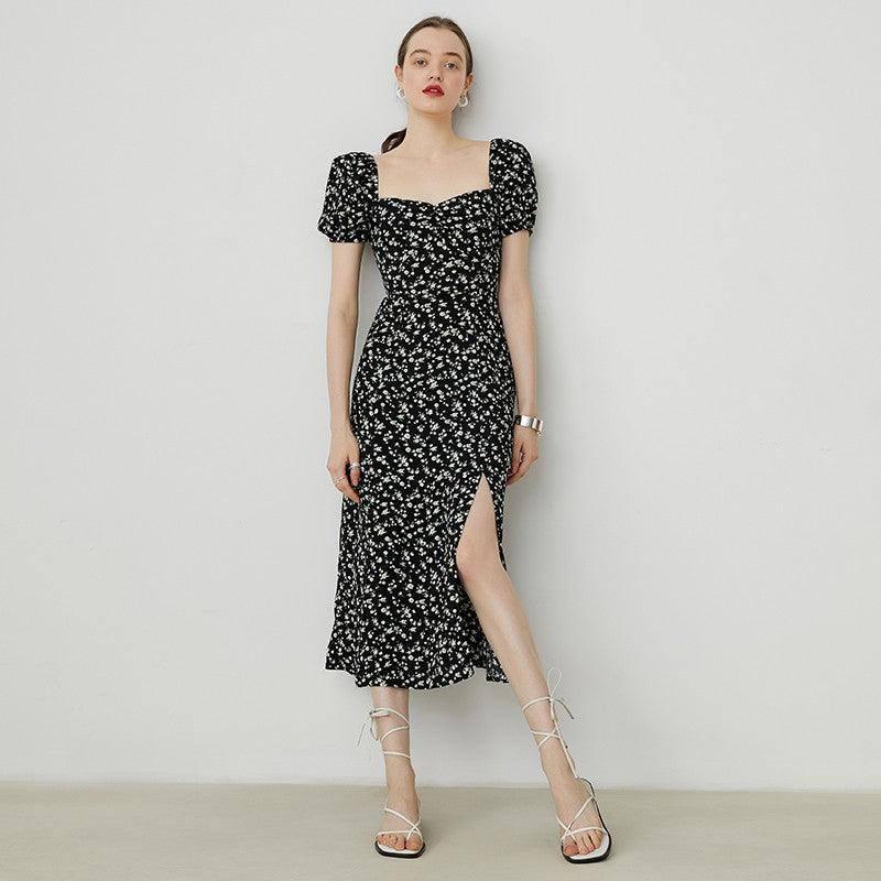 Women's Square Collar Floral Dress Black Slit Puff Sleeve-Black-1