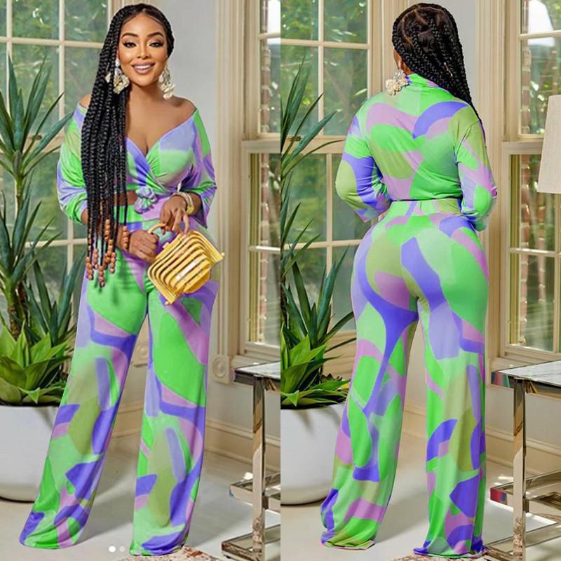 Women's Wear Irregular Pattern Long-sleeved Trousers V-neck Two-piece Suit-8