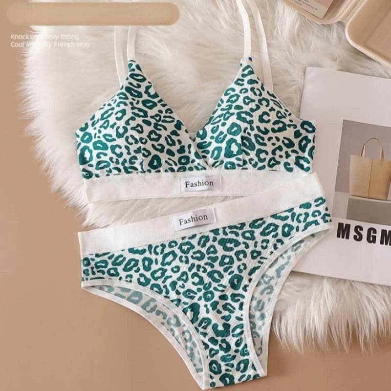 Women Seamless Bra Set Leopard V-neck Brassieres and Low-green leopard-10