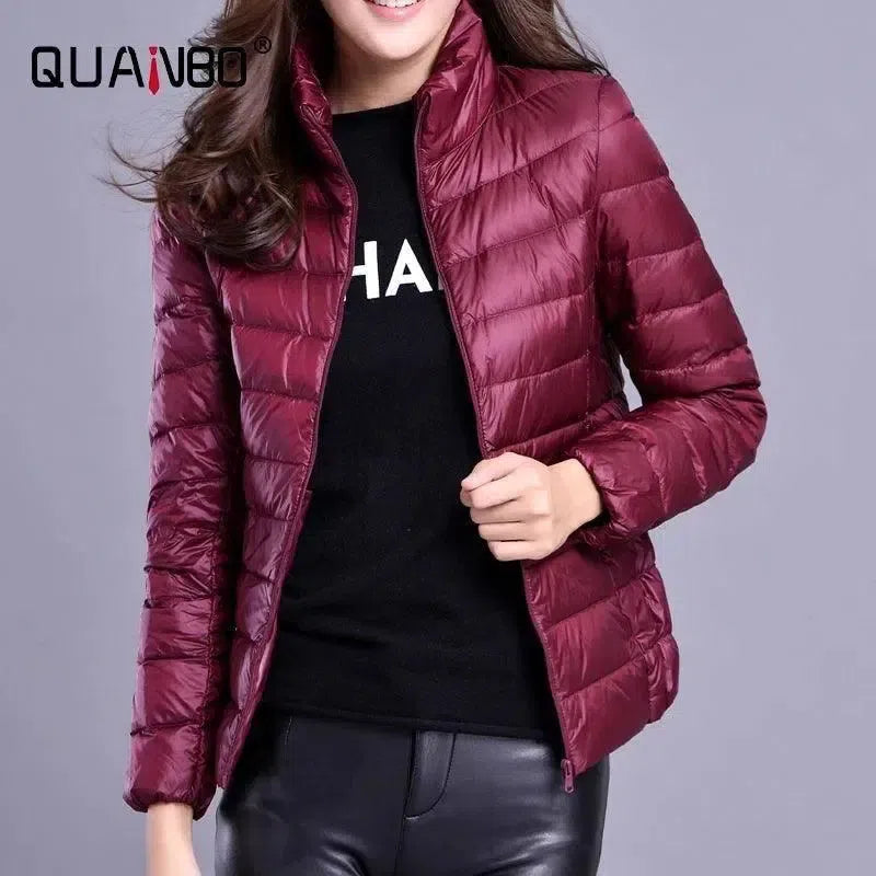 Women Spring Jacket Fashion Short Ultra Lightweight Packable-Winered-19