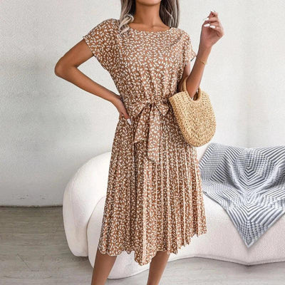 Women Spring Summer Short Sleeve High Waist Chic Dress-3