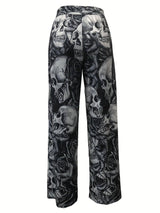 Women Stylish Skulls Printed Wide Leg PanT With Pockets Red / M-6